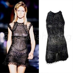 Vtg GIANNI VERSACE S/S 2002 Embellished Rhinestone Lace Mesh Mini Dress in Black